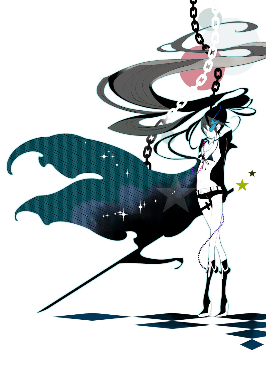 bad_id, belt, bikini_top, black_hair, black_rock_shooter, black_rock_shooter_(character), blue_eyes, ebcda