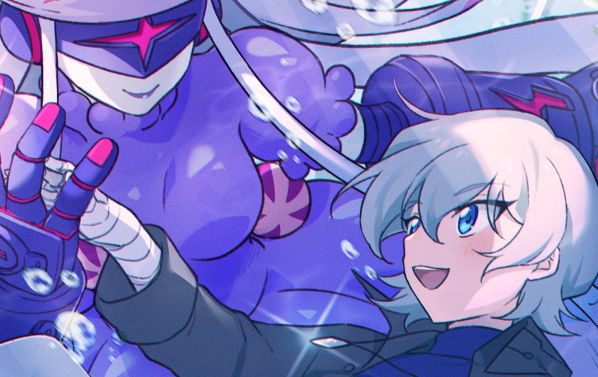 2girls, bandaged_arm, bandages, black_jacket, blue_eyes, blue_shirt, digimon, digimon_(creature)
