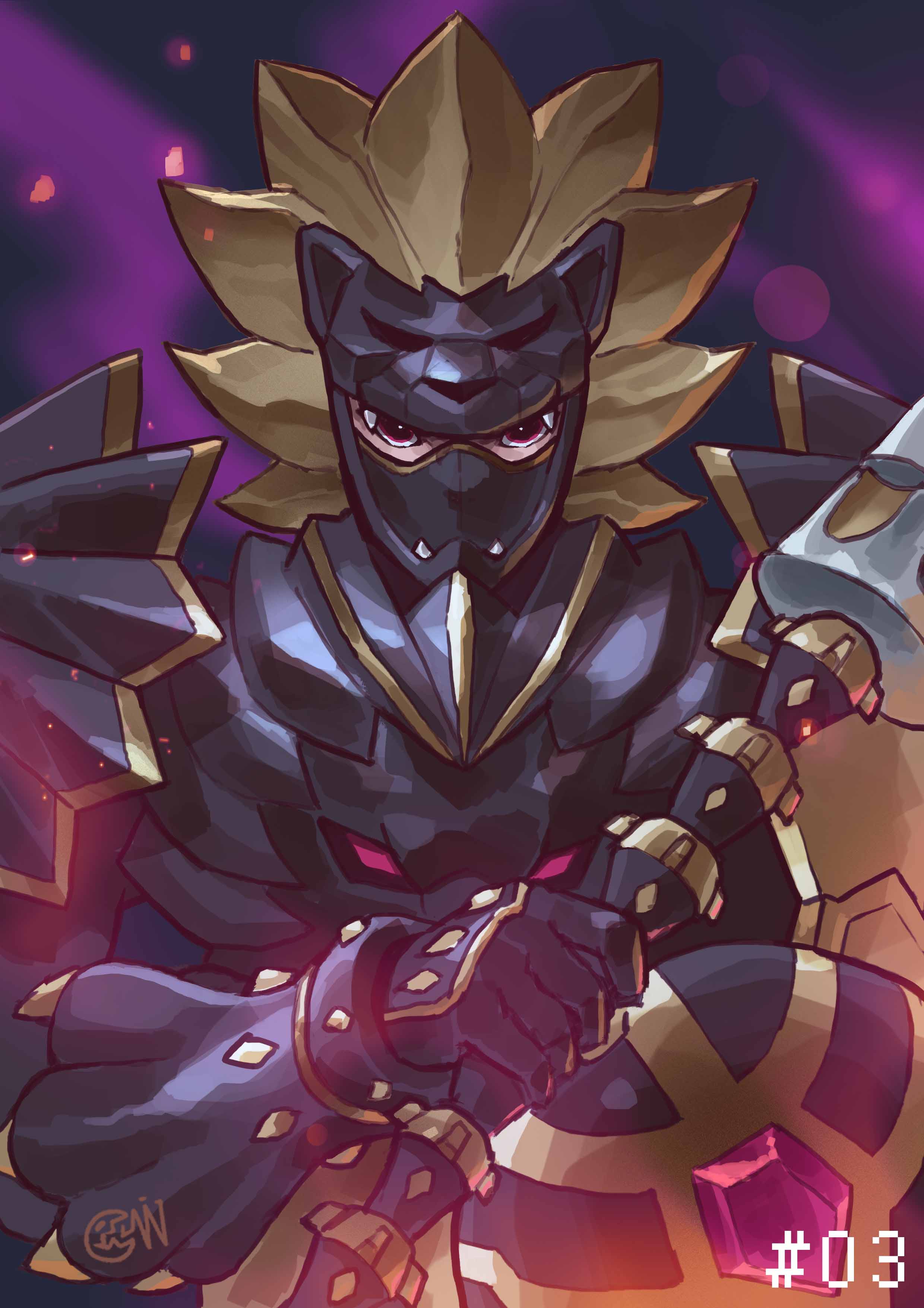1boy, absurdres, armor, cwdw, digimon, digimon_(creature), gauntlets, highres, holding, holding_weapon, lion, looking_at_viewer, loweemon, male_focus, mask, numbered, pauldrons, red_eyes, shoulder_armor, solo, upper_body, watermark, weapon