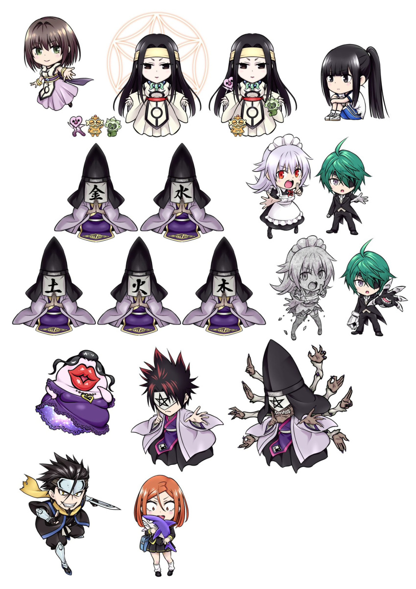 3boys, 5girls, alternate_costume, apron, ayakashi_triangle, brown_hair, character_request, chibi