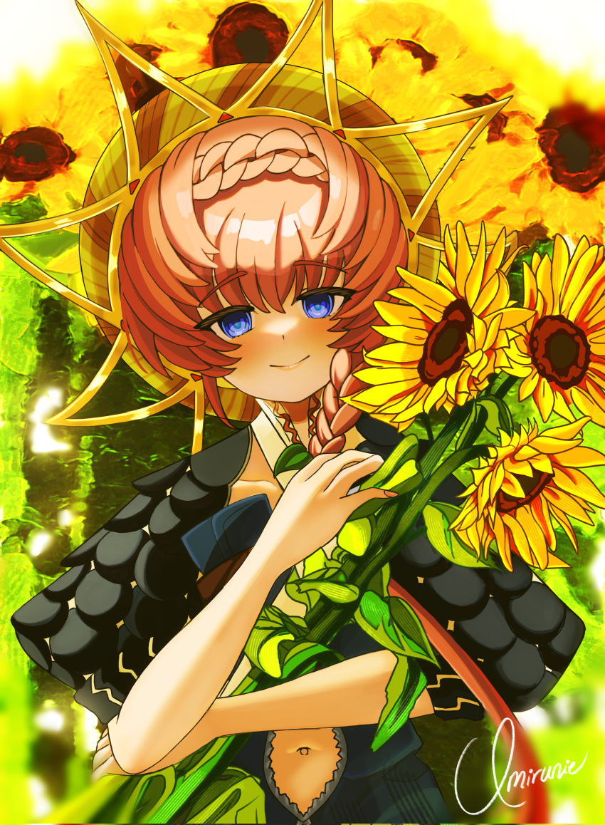1girl, absurdres, blue_dress, blue_eyes, blurry_edges, braid, brown_hair, collarbone, crown_braid, dress, fate/grand_order, fate_(series), floral_background, flower, highres, holding, holding_flower, navel, runiie, side_braid, signature, solo, striped, striped_headwear, sunflower, van_gogh_(fate), yellow_headwear
