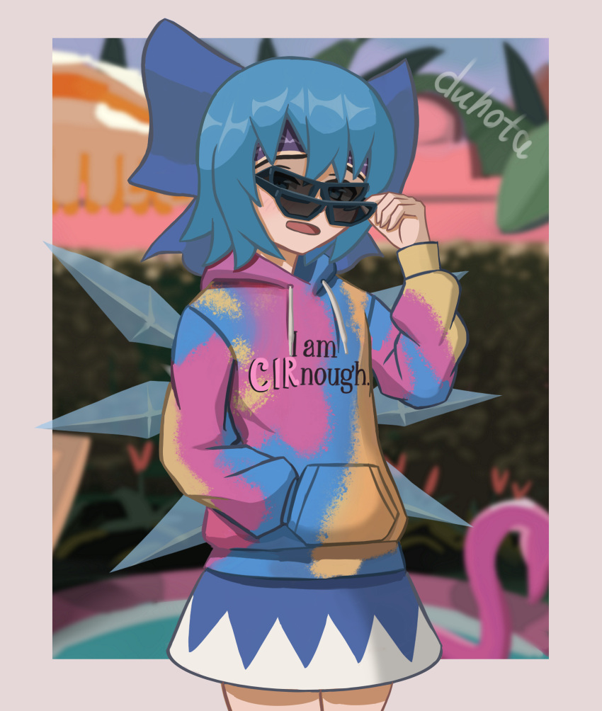 1girl, absurdres, artist_name, bandana, barbie_(franchise), barbie_(live_action), blue_bandana, blue_bow, blue_dress, blue_hair, blurry, blurry_background, border, bow, cirno, cowboy_shot, drawstring, dress, duhota, english_text, hair_bow, hand_in_pocket, highres, hood, hoodie, ice, ice_wings, inflatable_flamingo, kenough_(meme), meme, print_hoodie, pun, removing_eyewear, short_hair, solo, sunglasses, touhou, white_border, wings