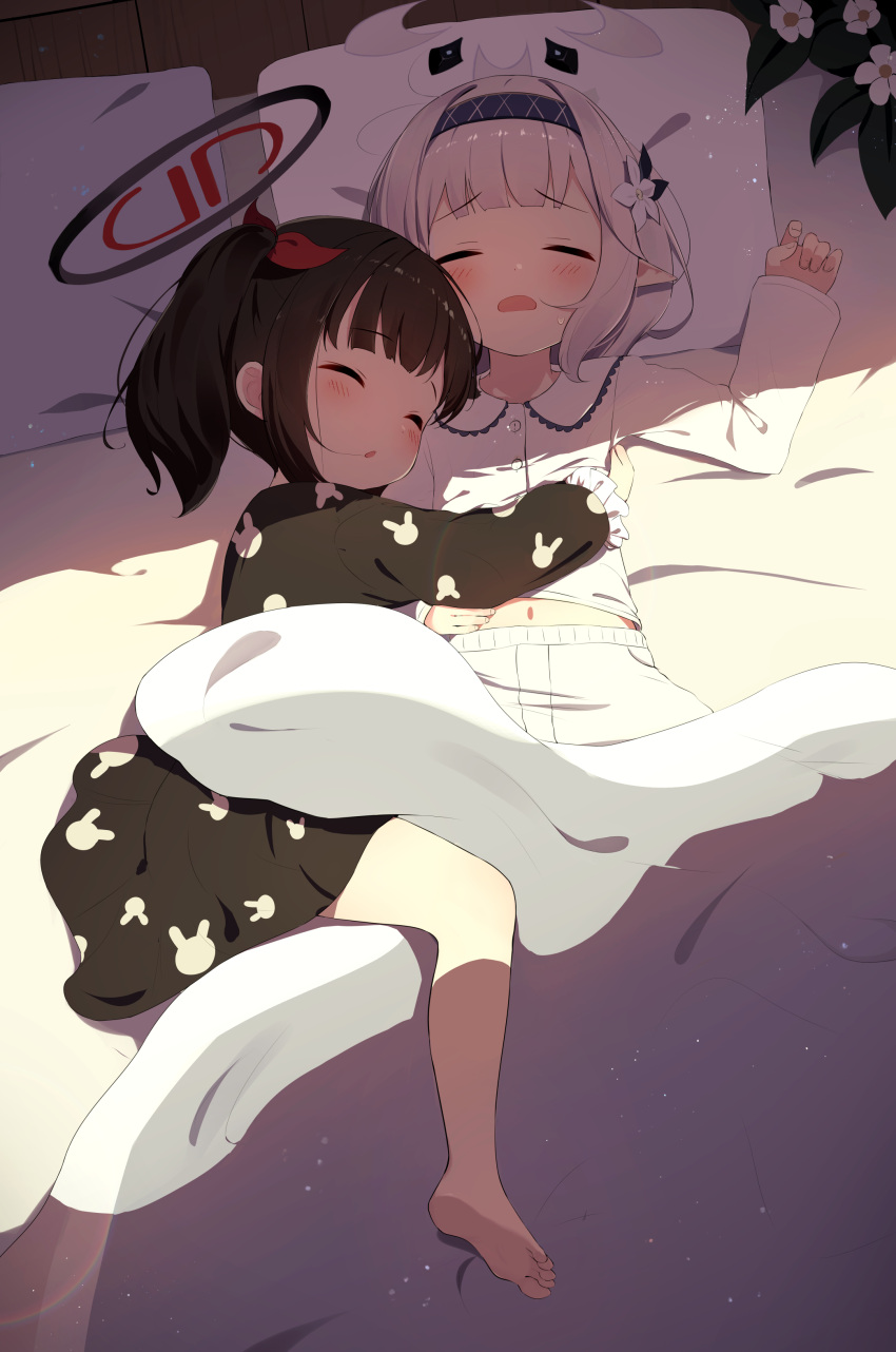 2girls, absurdres, aged_down, animal_print, barefoot, bitseon, black_dress, black_hair