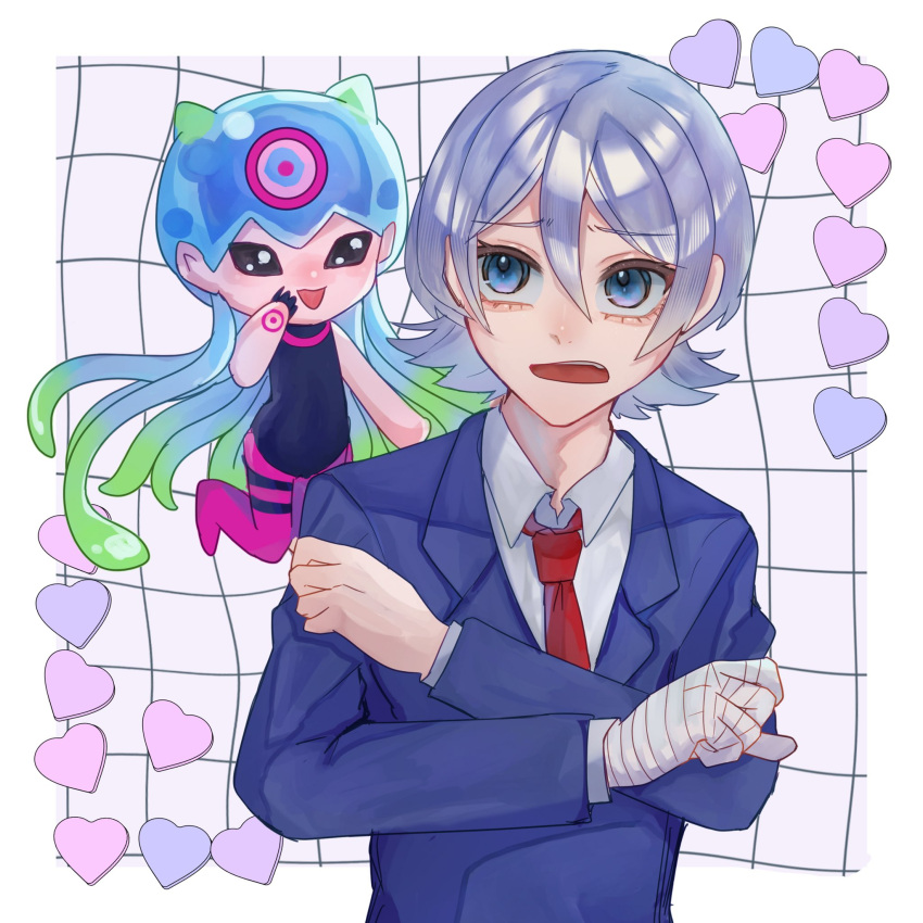 1boy, 1other, bandaged_arm, bandaged_hand, bandages, blue_eyes, blue_jacket, collared_shirt