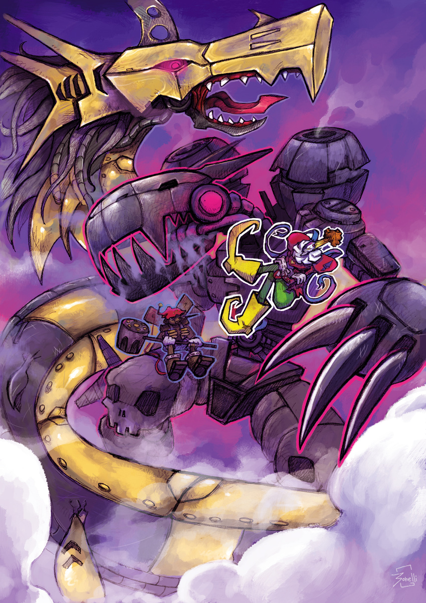 1boy, 3others, boots, claws, clouds, crossed_legs, digimon, digimon_(creature)