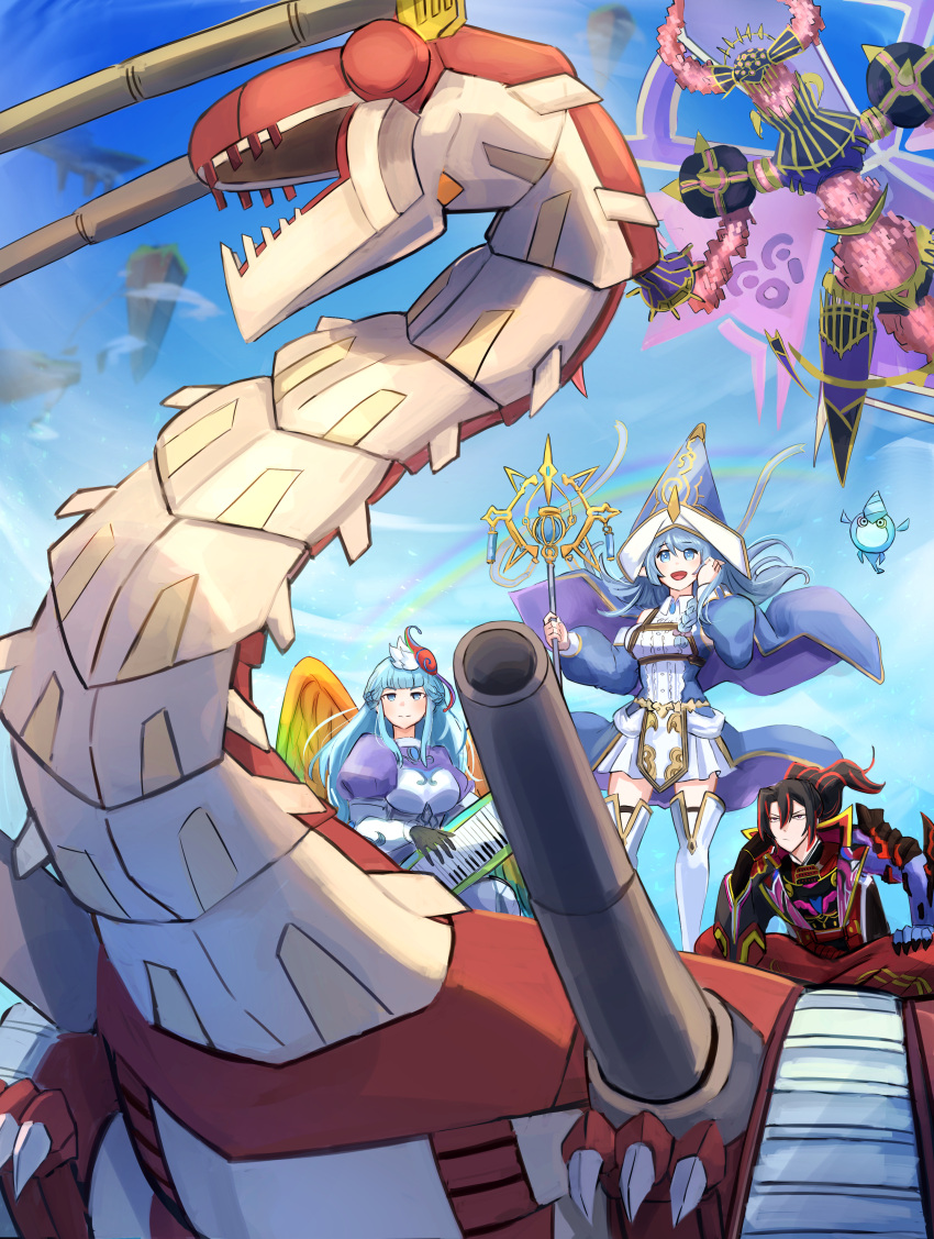 1boy, 2girls, 2others, absurdres, angel, angel_wings, armor, armored_dress, astral_kuriboh, black_hair, black_shirt, blue_dress, blue_eyes, blue_hair, bored, cannon, caterpillar_tracks, commission, commissioner_upload, detached_sleeves, dragon, dress, duel_monster, elf, floating_rock, flying, fusilier_dragon_the_dual-mode_beast, gauntlets, hand_on_own_chin, hat, hatano_kiyoshi, highres, holding, holding_staff, instrument, kashtira_riseheart, keytar, long_hair, multicolored_hair, multiple_girls, multiple_others, non-humanoid_robot, number_76_harmonizer_gradille, number_89_diablosis_the_mind_hacker, outdoors, pants, pixiv_commission, pointy_ears, ponytail, rainbow, rainbow_wings, red_pants, redhead, robot, robot_animal, shirt, sitting, sky, staff, standing, strapless, strapless_dress, violet_eyes, water_enchantress_of_the_temple, wings, witch_hat, yu-gi-oh!, zettai_ryouiki