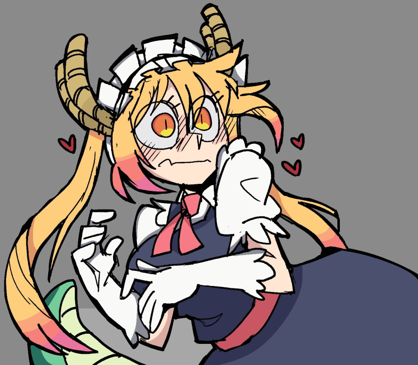 1girl, black_dress, blush, dragon_girl, dragon_horns, dragon_tail, dress, gloves