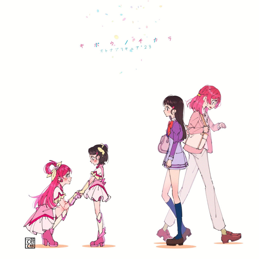 4girls, aged_up, artist_logo, bag, black_hair, blush, boots, bow