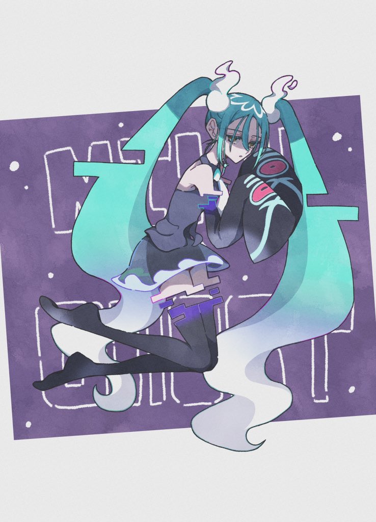 aqua_hair, black_thighhighs, detached_sleeves, domidomi444, floating, ghost, ghost_miku_(project_voltage), glitch