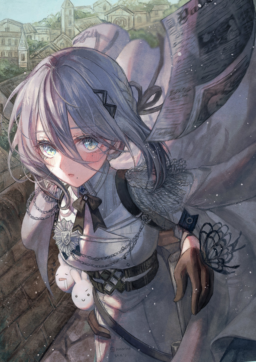 1girl, absurdres, belt, black_belt, black_bow, black_bowtie, black_gloves, blue_eyes, blush, bow, bowtie, coat, coat_on_shoulders, dress, epaulettes, gloves, grey_hair, hair_bun, highres, hinori_(hinorinr), long_hair, military_uniform, mole, mole_under_mouth, newspaper, nijisanji, open_mouth, solo, sophia_valentine, sophia_valentine_(2nd_costume), uniform, virtual_youtuber, white_coat, white_dress