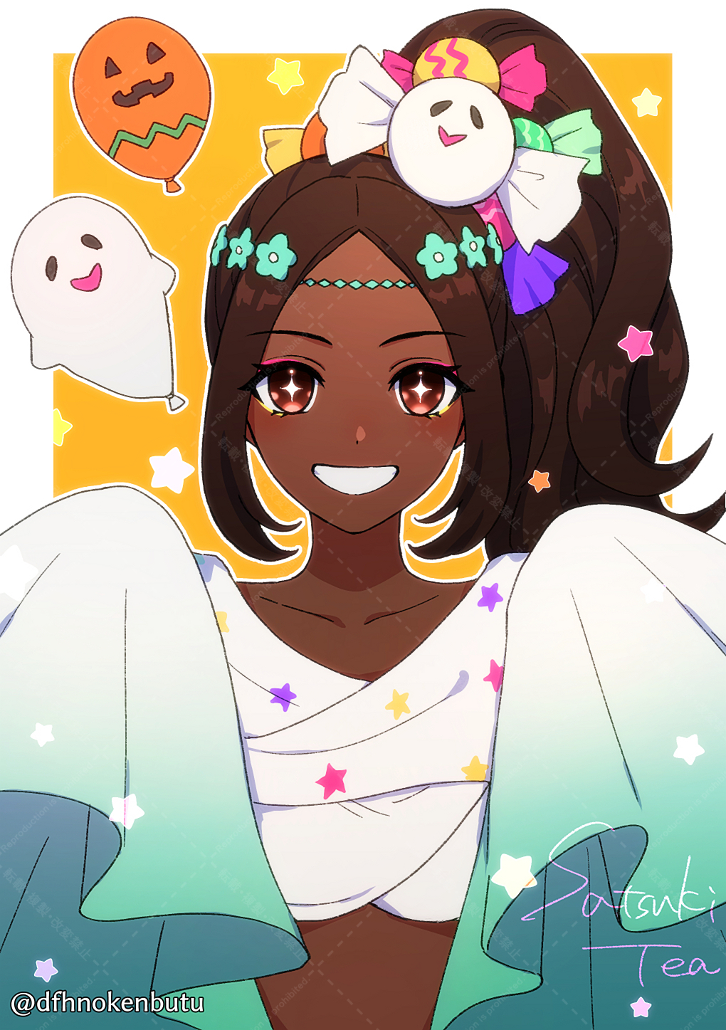 1girl, :d, balloon, brown_hair, candy_hair_ornament, crop_top, dark-skinned_female, dark_skin, dfhnokenbutu, fire_emblem, fire_emblem_engage, fire_emblem_heroes, food-themed_hair_ornament, ghost_hair_ornament, hair_ornament, halloween_costume, high_ponytail, highres, long_hair, long_sleeves, looking_at_viewer, official_alternate_costume, open_mouth, sleeves_past_fingers, sleeves_past_wrists, smile, star-shaped_pupils, star_(symbol), symbol-shaped_pupils, timerra_(fire_emblem), timerra_(halloween)_(fire_emblem), twitter_username, upper_body, wide_sleeves