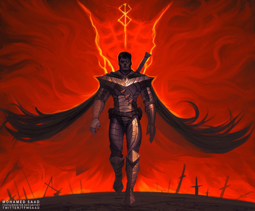 1boy, amputee, armor, artist_name, axe, banner, beast_of_darkness_(berserk), berserk