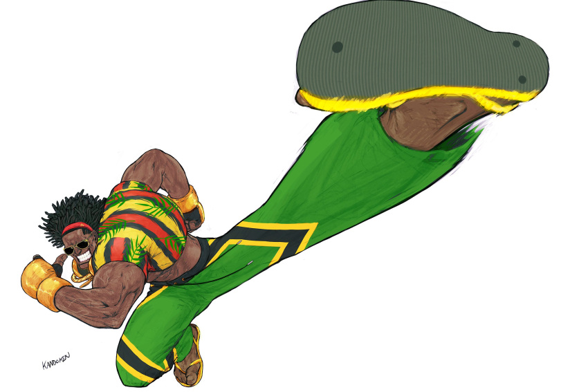 1boy, boxing_gloves, braid, capcom, dark-skinned_male, dark_skin, dee_jay, foreshortening