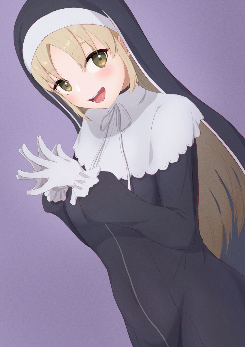 1girl, absurdres, black_dress, black_headwear, blush, brown_eyes, dress, gloves