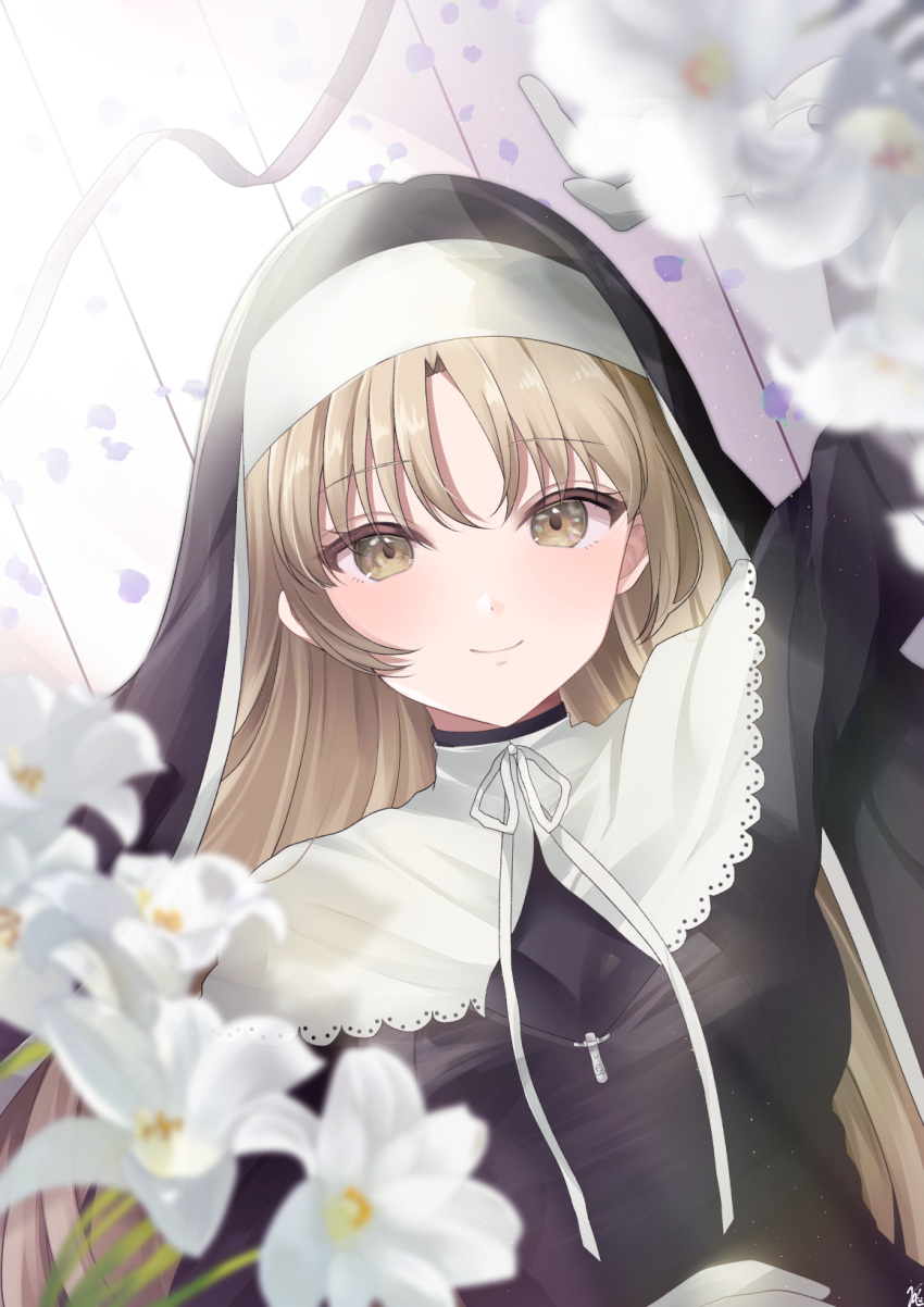 1girl, black_dress, black_headwear, blush, brown_eyes, dress, gloves, habit