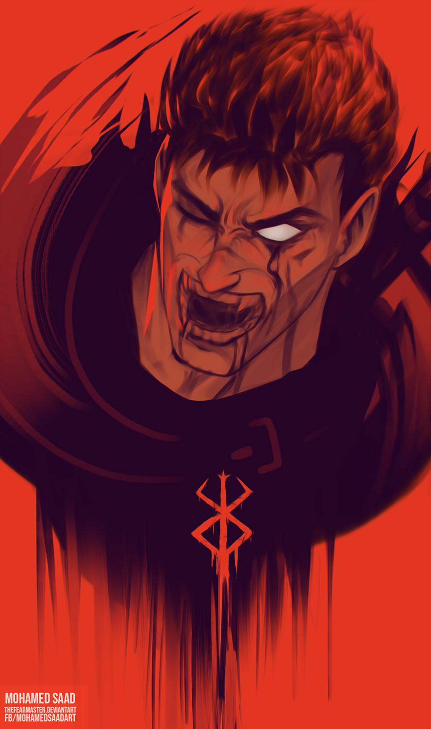 1boy, artist_name, berserk, black_cloak, black_hair, blood, blood_on_face, cloak