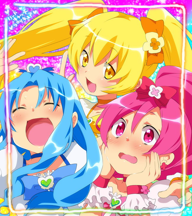 blonde_hair, blue_hair, cure_blossom, cure_marine, cure_sunshine, futaba_841, futari_wa_precure, hair_ribbon