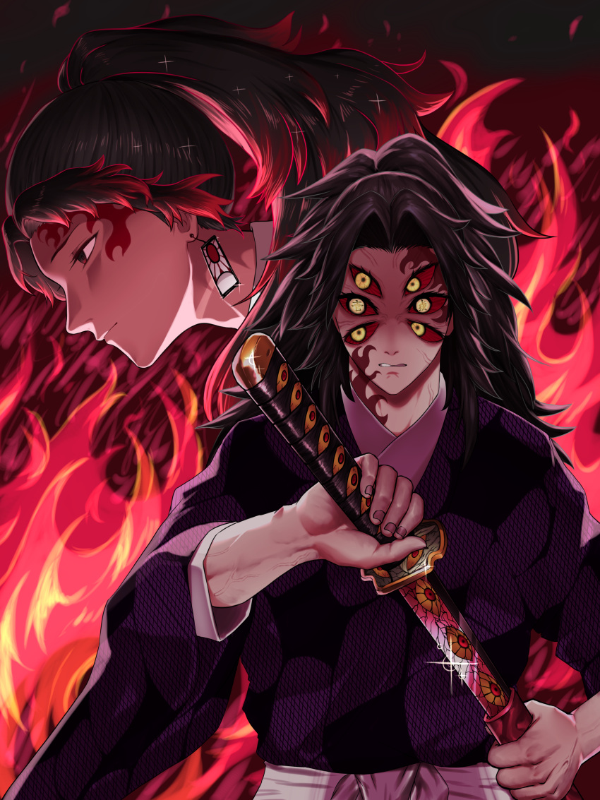 2boys, absurdres, black_hair, colored_sclera, demon, drawing_sword, extra_eyes, fire