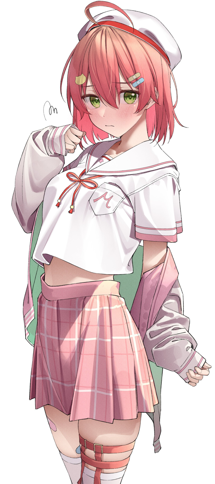 1girl, absurdres, bandaid, bandaid_hair_ornament, bandaid_on_leg, beret, blush, breasts