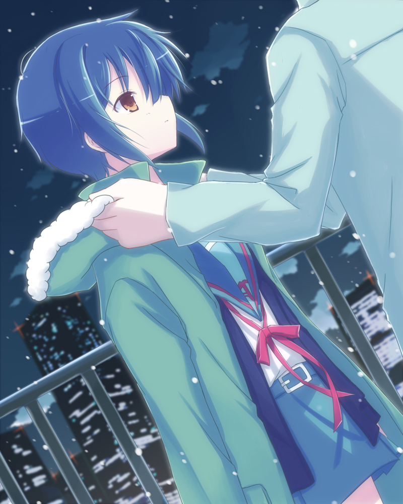 blue_hair, brown_eyes, cardigan, coat, dutch_angle, kinoshita_neko, nagato_yuki, nagato_yuki_(shoushitsu)
