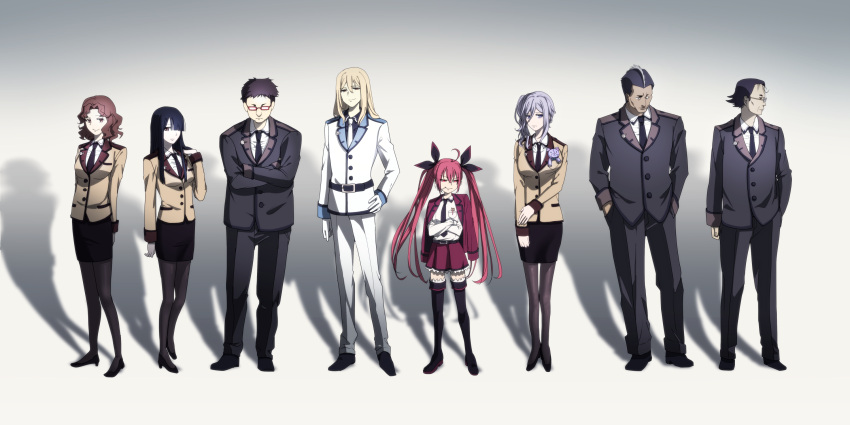 4boys, 4girls, artist_request, bad_id, bad_pixiv_id, black_hair, black_necktie, blonde_hair