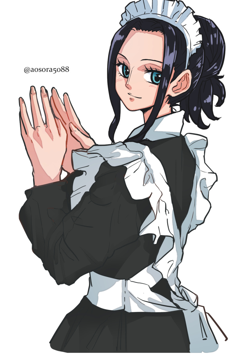 1girl, alternate_costume, aosora2823, apron, black_dress, black_hair, blush, dress