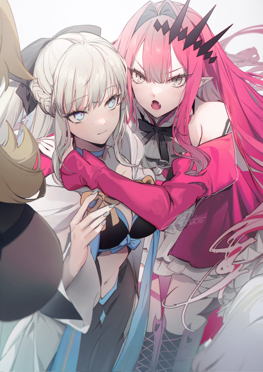 3girls, angry, arms_around_neck, baobhan_sith_(fate), baobhan_sith_(first_ascension)_(fate), bare_shoulders, barghest_(fate), black_bow