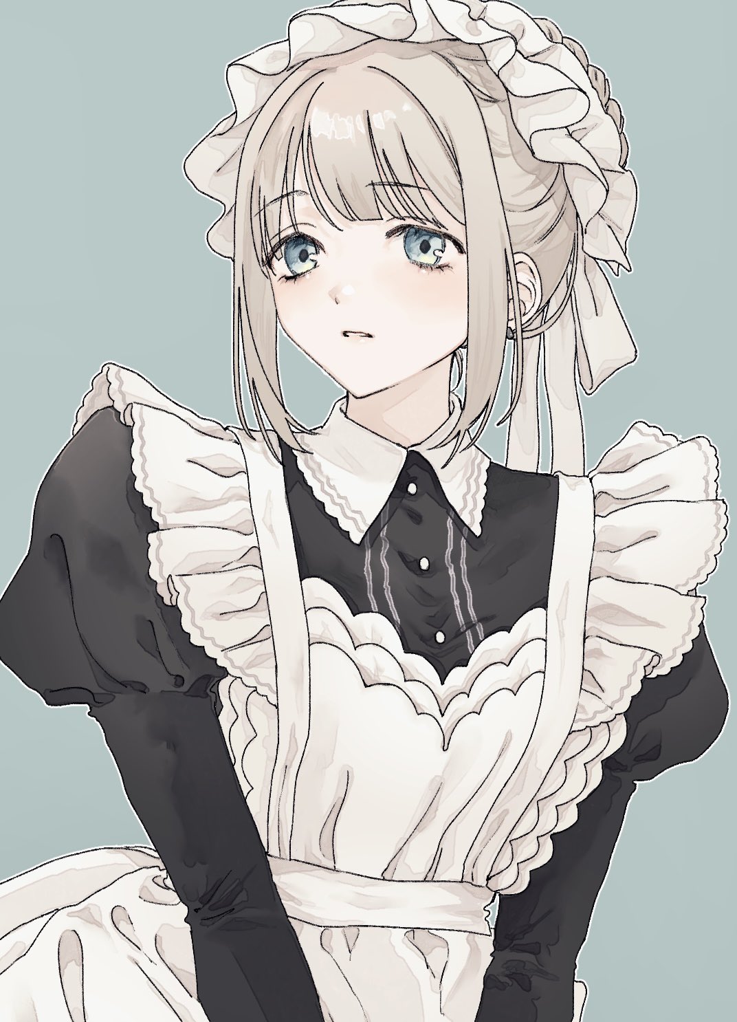 1girl, apron, black_dress, blue_eyes, blush, dress, frilled_hairband, frills