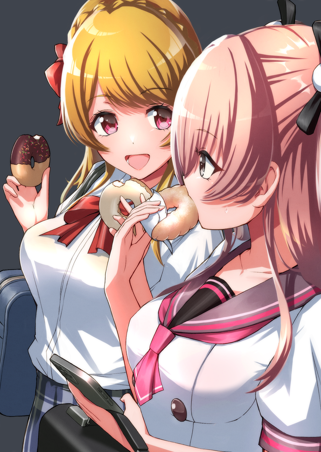 2girls, :d, aimoto_rinku, bag, black_ribbon, blonde_hair, blue_skirt, bow