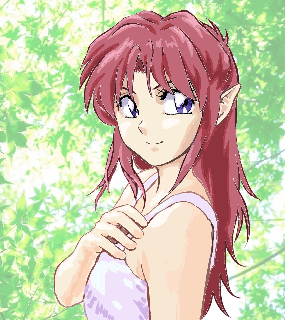 1990s_(style), 1girl, azalyn_(musekinin_kanchou_tylor), bare_shoulders, camisole, closed_mouth, hand_on_own_chest, hand_up