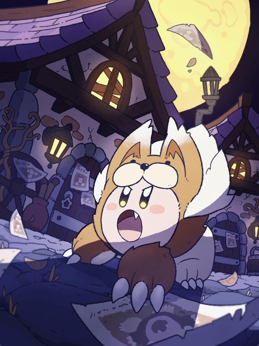 all_fours, animal_ears, animal_hands, animal_hood, animal_kirby, blush_stickers, brown_hood, chimney, claws, cobblestone, colored_skin, commentary_request, dog_ears, fang, full_moon, fur_shawl, gloves, grass, green_eyes, harukui, highres, hood, kirby, kirby_(series), leaf, moon, night, night_sky, no_humans, open_mouth, outdoors, paw_gloves, paw_shoes, pink_skin, poster_(object), shadow, sharp_toenails, shawl, sky, solo, toenails, vase, village, wanted, wind, wind_lift