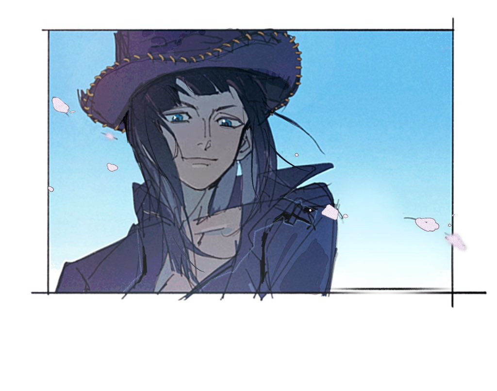 1girl, black_hair, blue_eyes, border, cherry_blossoms, cowboy_hat, dark-skinned_female, dark_skin