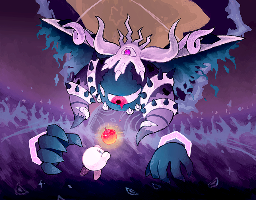 apple, colored_skin, commentary_request, crown, disembodied_limb, food, fruit, horns, kakuredo_ura, kirby, kirby's_return_to_dream_land, kirby's_return_to_dream_land_deluxe, kirby_(series), looking_at_another, magolor, magolor_soul, master_crown, no_humans, pink_skin, pop_star, red_eyes, solid_oval_eyes, sparkle, spoilers