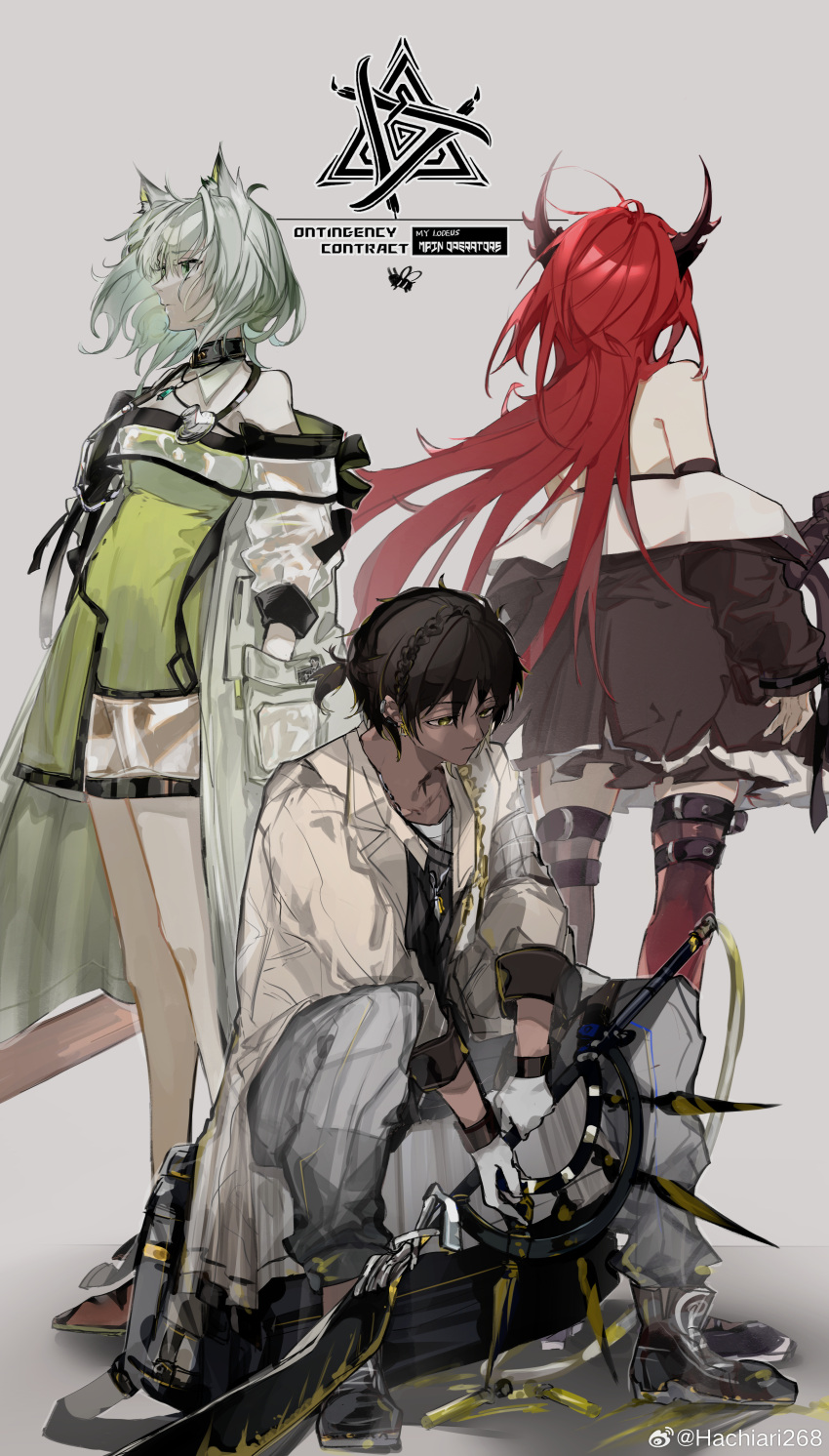1boy, 2girls, a_chxoblc, absurdres, animal_ears, arknights, bare_back, bare_legs