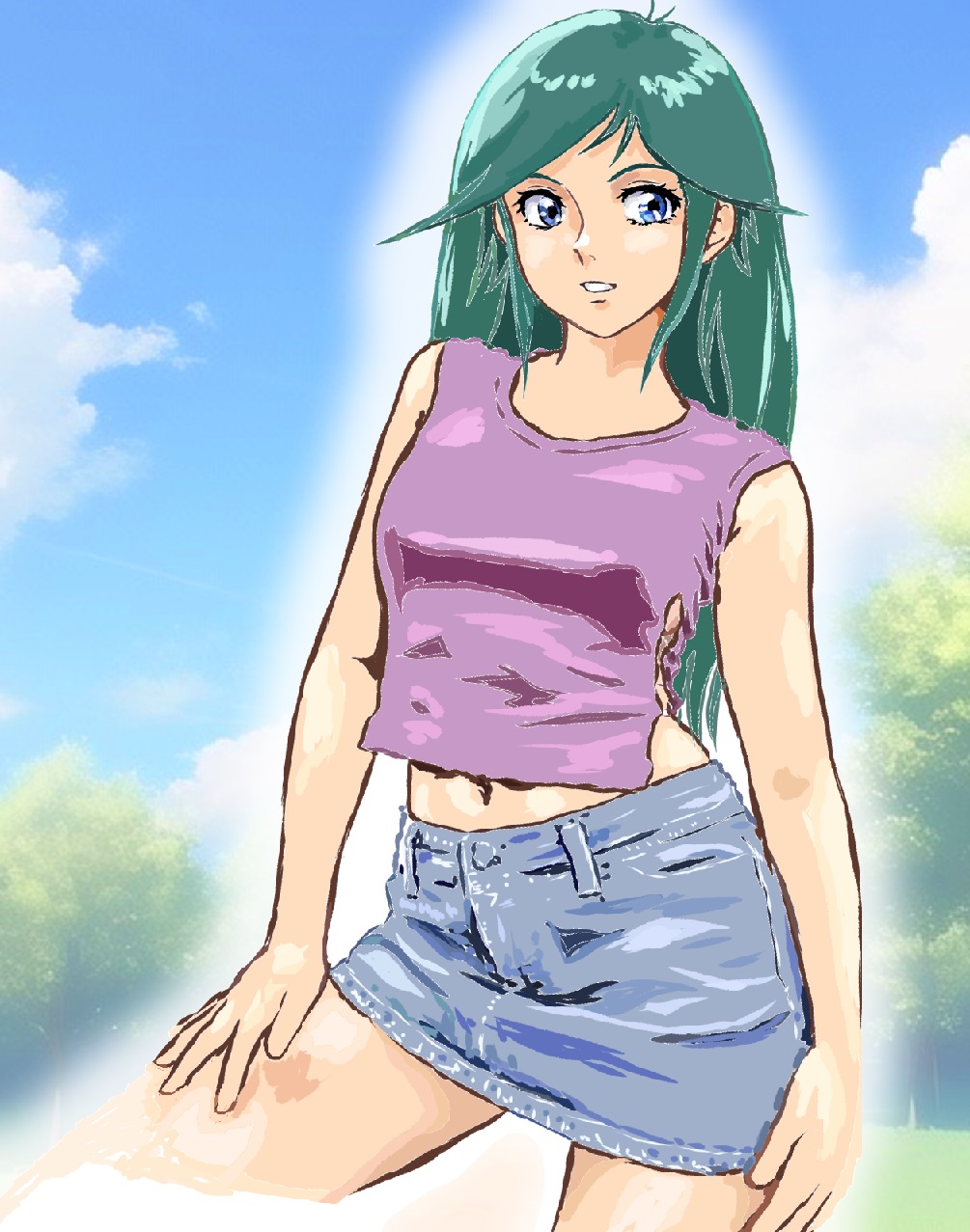 1girl, aqua_hair, blue_eyes, blue_skirt, blue_sky, breasts, choudenji_robo_combattler_v, clouds
