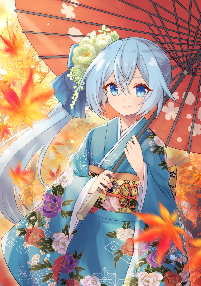 1girl, absurdres, autumn, autumn_leaves, blue_eyes, blue_hair, blue_kimono, closed_mouth