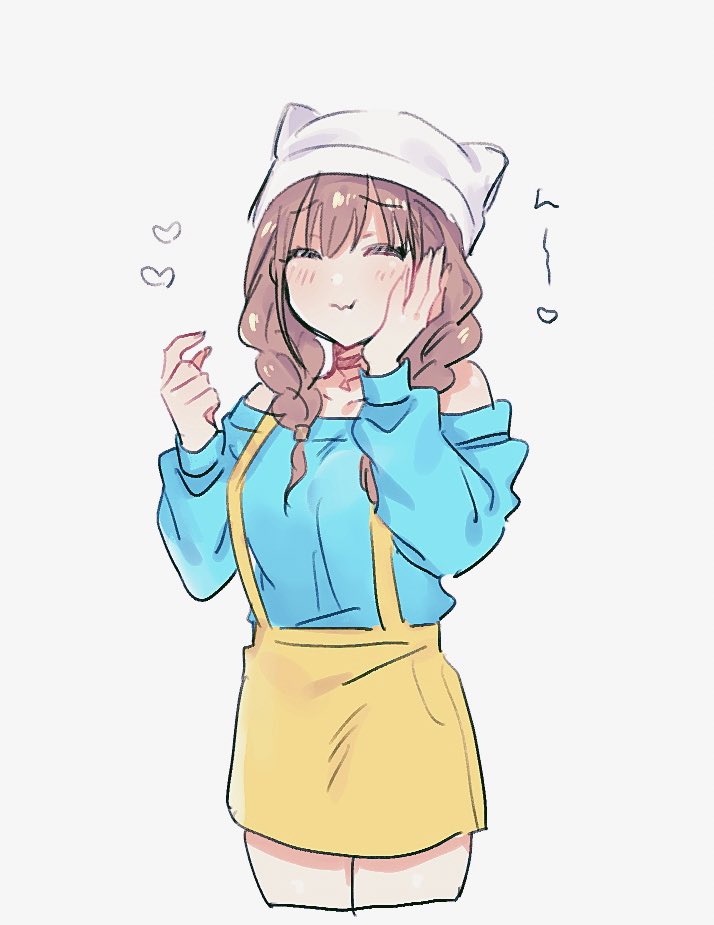 1b_104, 1girl, ^_^, aqua_shirt, blush, braid, breasts, brown_hair, closed_eyes, commentary_request, cropped_legs, eating, fake_horns, hair_over_shoulder, hand_on_own_cheek, hand_on_own_face, heart, horned_headwear, horns, idolmaster, idolmaster_shiny_colors, long_sleeves, medium_breasts, off-shoulder_shirt, off_shoulder, shirt, simple_background, skirt, solo, sonoda_chiyoko, suspender_skirt, suspenders, twin_braids, white_background, white_headwear, yellow_skirt