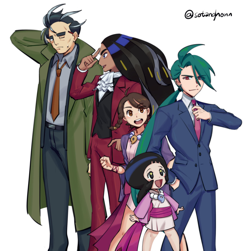 1boy, 4girls, ace_attorney, adjusting_clothes, adjusting_necktie, ahoge, androgynous, ascot