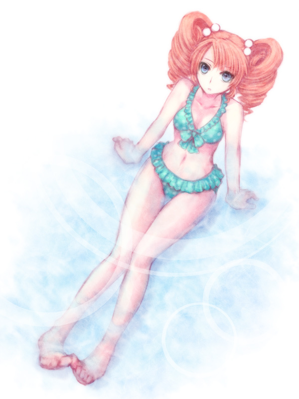 blue_eyes, cleavage, drill_hair, frilled_bikini, frills, kazubi, legs, long_hair, orange_hair, original, polka_dot, polka_dot_bikini, polka_dot_swimsuit, solo, submerged, swimsuit, twintails