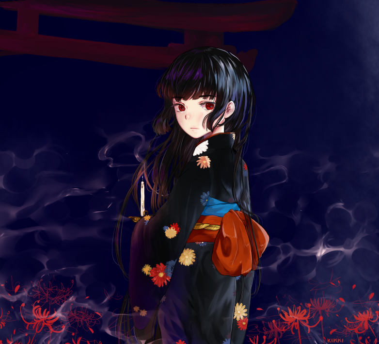 1girl, artist_name, back_bow, black_hair, black_kimono, blue_background, bow, candle