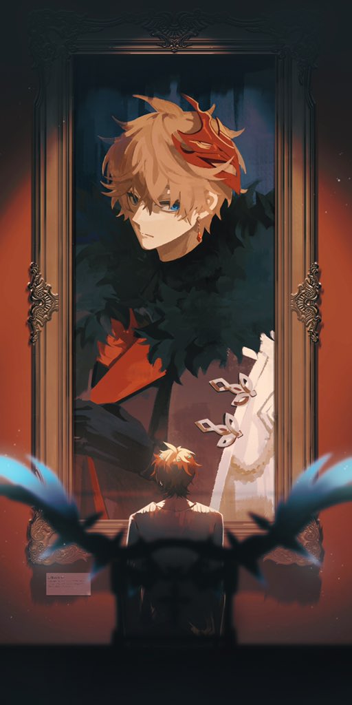 1boy, ahoge, back, black_gloves, black_shirt, blue_eyes, blurry, blurry_foreground, coat, crystal_earrings, earrings, erdff720, fur-trimmed_coat, fur_trim, genshin_impact, gloves, hair_between_eyes, hand_up, indoors, jewelry, long_sleeves, looking_at_viewer, male_focus, mask, mask_on_head, open_clothes, open_coat, orange_hair, picture_(object), red_mask, red_scarf, scarf, shadow, shirt, short_hair, single_earring, solo, tartaglia_(genshin_impact), wall, white_coat, white_shirt