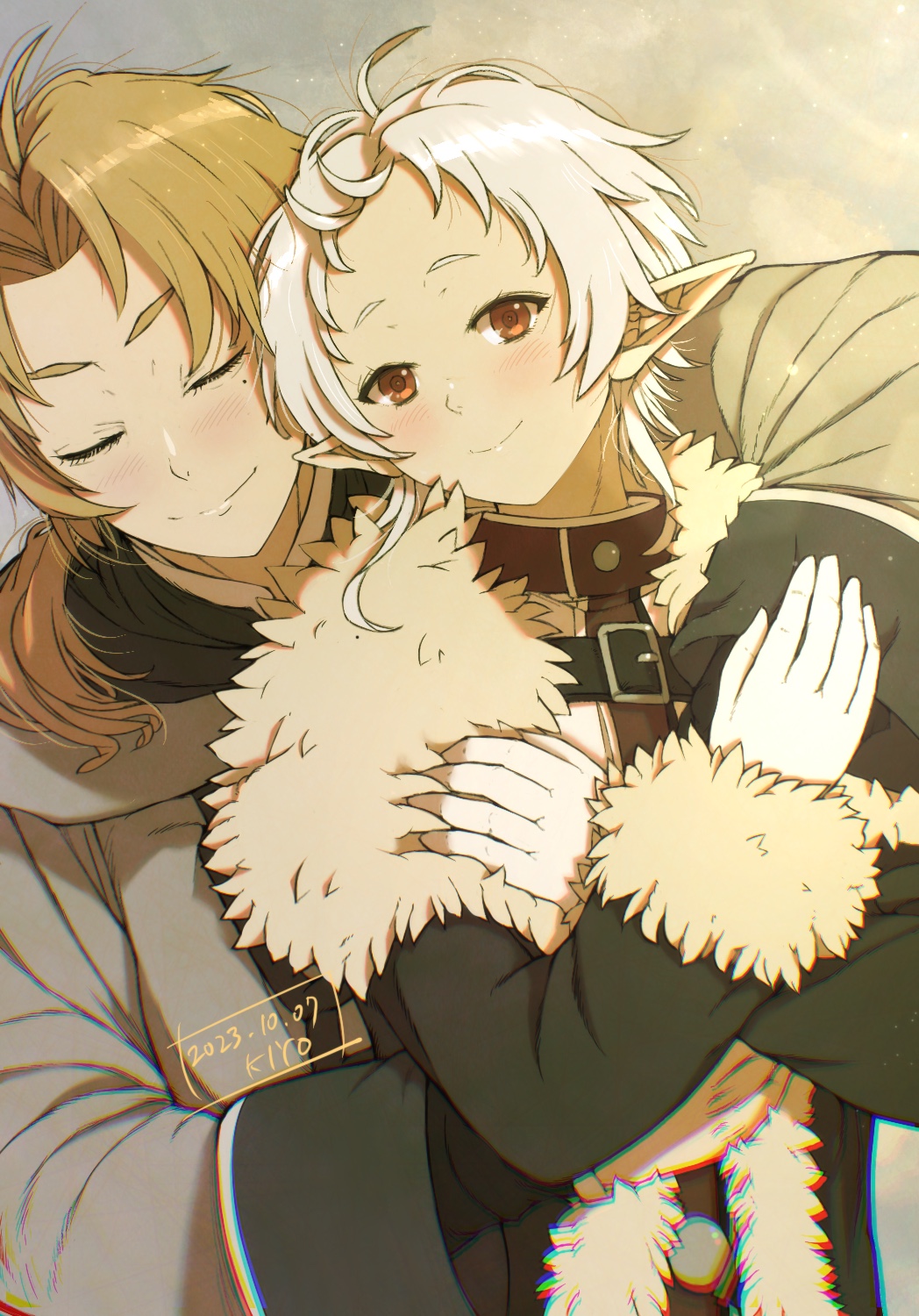 1boy, 1girl, ahoge, black_coat, closed_eyes, closed_mouth, coat, couple