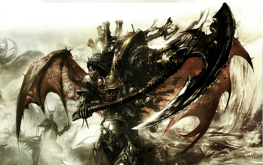 absurdres, armor, breastplate, chaos_(warhammer), cloak, cuisses, death_guard, demon_primarch