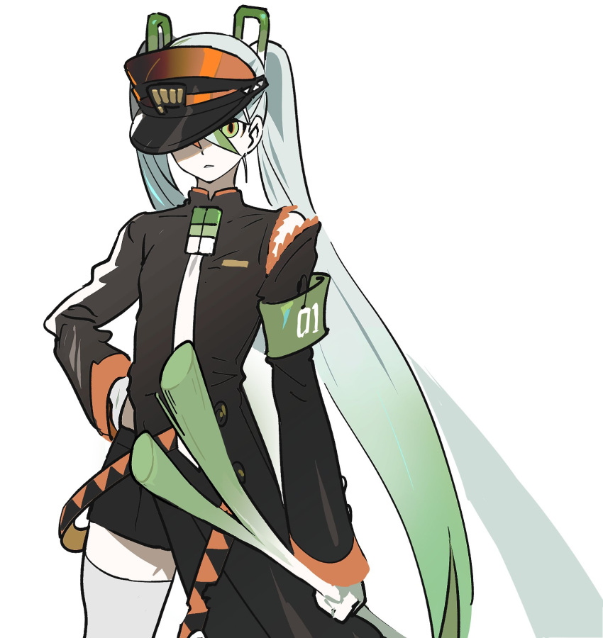 1girl, armband, black_dress, black_shorts, clothing_cutout, dress, fighting_miku_(project_voltage), food