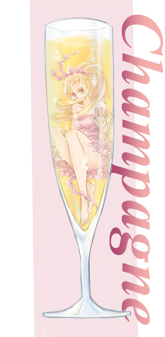 barefoot, blonde_hair, champagne, cup, food, girl_in_a_cup, girl_in_food, glass, in_container, in_cup, in_food, legs, long_hair, minigirl, original, solo