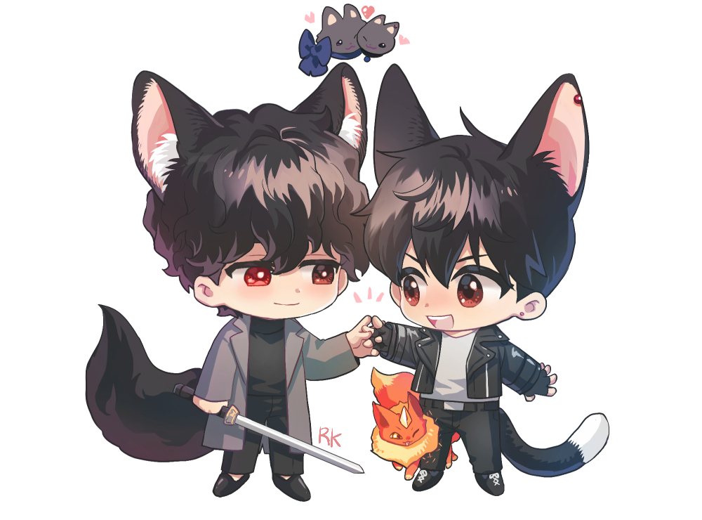 2boys, animal_ears, black_footwear, black_gloves, black_hair, black_pants, brothers, cat_boy