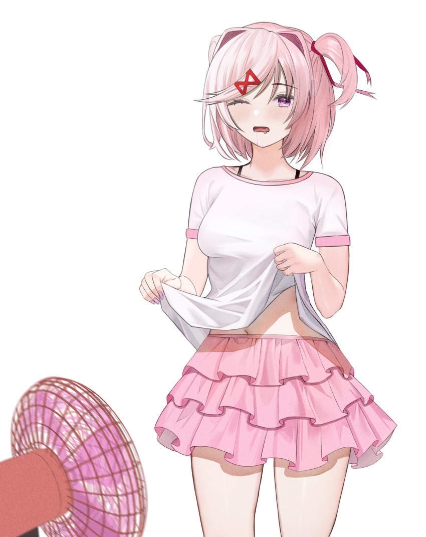 1girl, blush, breasts, clothes_lift, doki_doki_literature_club, drooling, electric_fan, english_commentary
