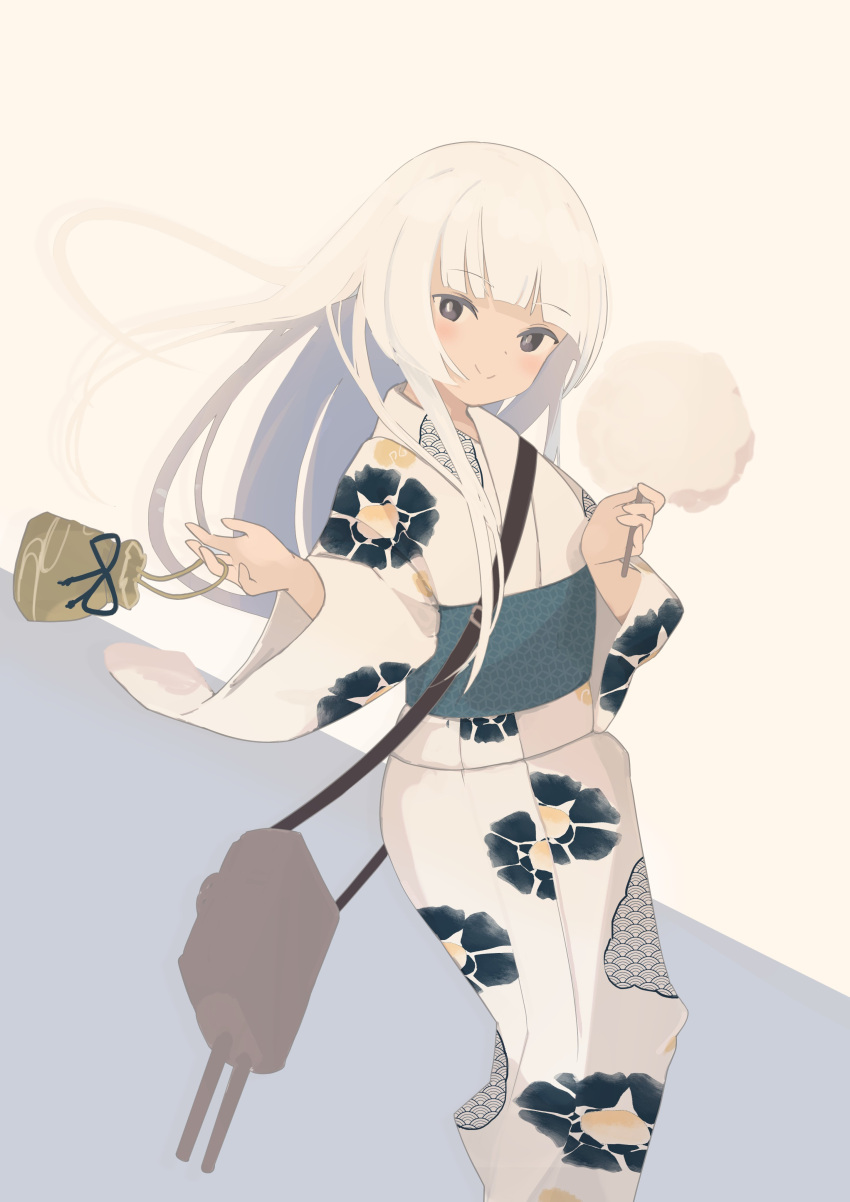 1girl, absurdres, adapted_costume, bag, blunt_bangs, cotton_candy, floral_print, grey_eyes