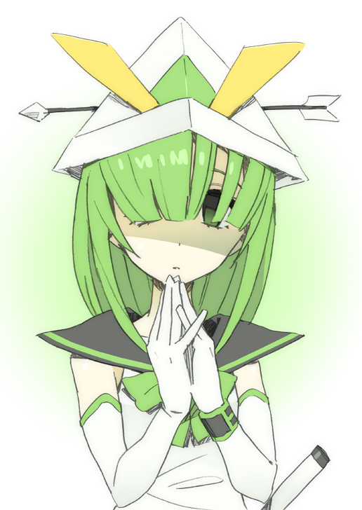 elbow_gloves, gloves, green_eyes, green_hair, hands_together, hat, helmet, kabuto