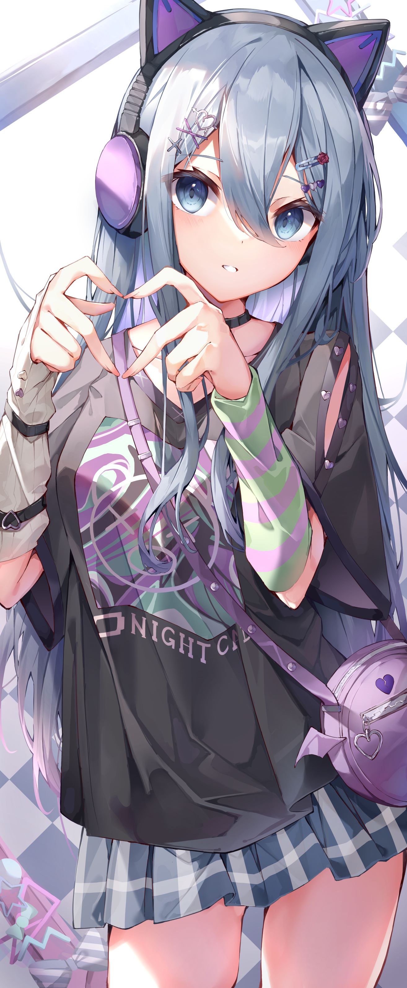 1girl, 25-ji_nightcord_de._(project_sekai), absurdres, animal_ear_headphones, animal_ears, bag, black_choker, black_shirt
